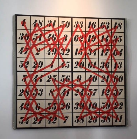 Painting from the Eames’ Collection depicting a knight’s tour — starts at 1 and ends at 64. Each square is visited once. It also represents a magic square!